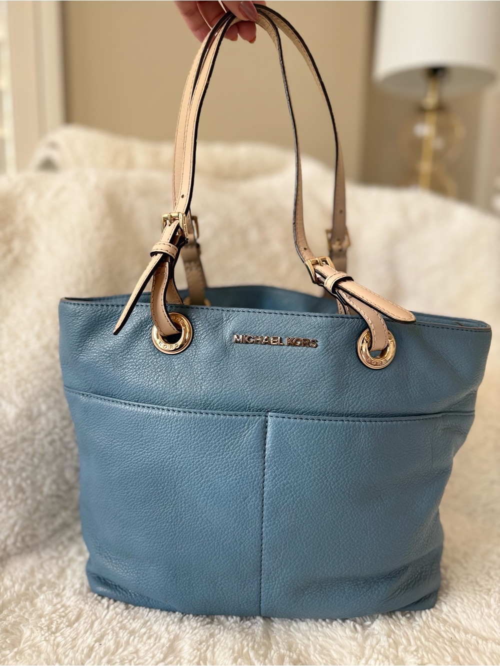 Michael Kors Slate Blue Pebbled Leather Tote with Cream Straps